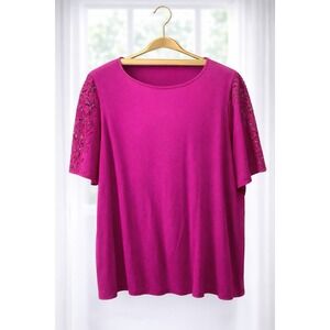 Susan Graver Weekend Popover Soft Modal Knit Tee Top Pink Crochet Lace Sleeve 3X